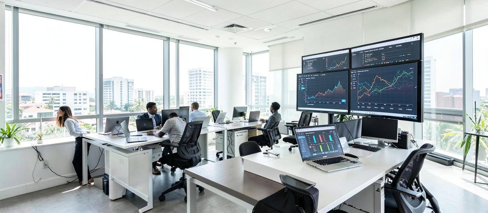 Bureau moderne à Abidjan avec des tableaux de bord d'analyse de trafic sur écrans