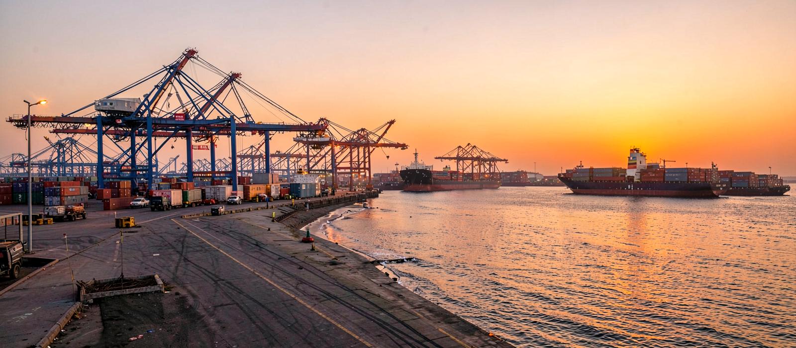 Port à conteneurs avec grues et navires de marchandises au lever du jour